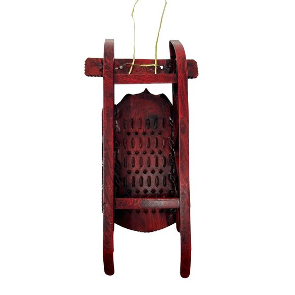 Vintage Christmas Ornament - Deep Red &amp; gold  Metal Sled w/ Holly Leaf &amp; - Picture 2 of 4